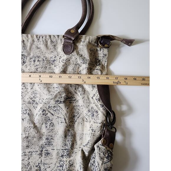 CHLOE & LEX Tan Brown Large Leather Fabric Satchel Tote Bag SZ 16x15 - Picture 7 of 9